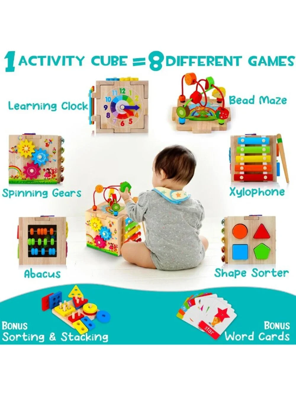 8-in-1 Montessori Wooden Activity Cube for Toddlers, Engaging Baby Toys 1+ Year